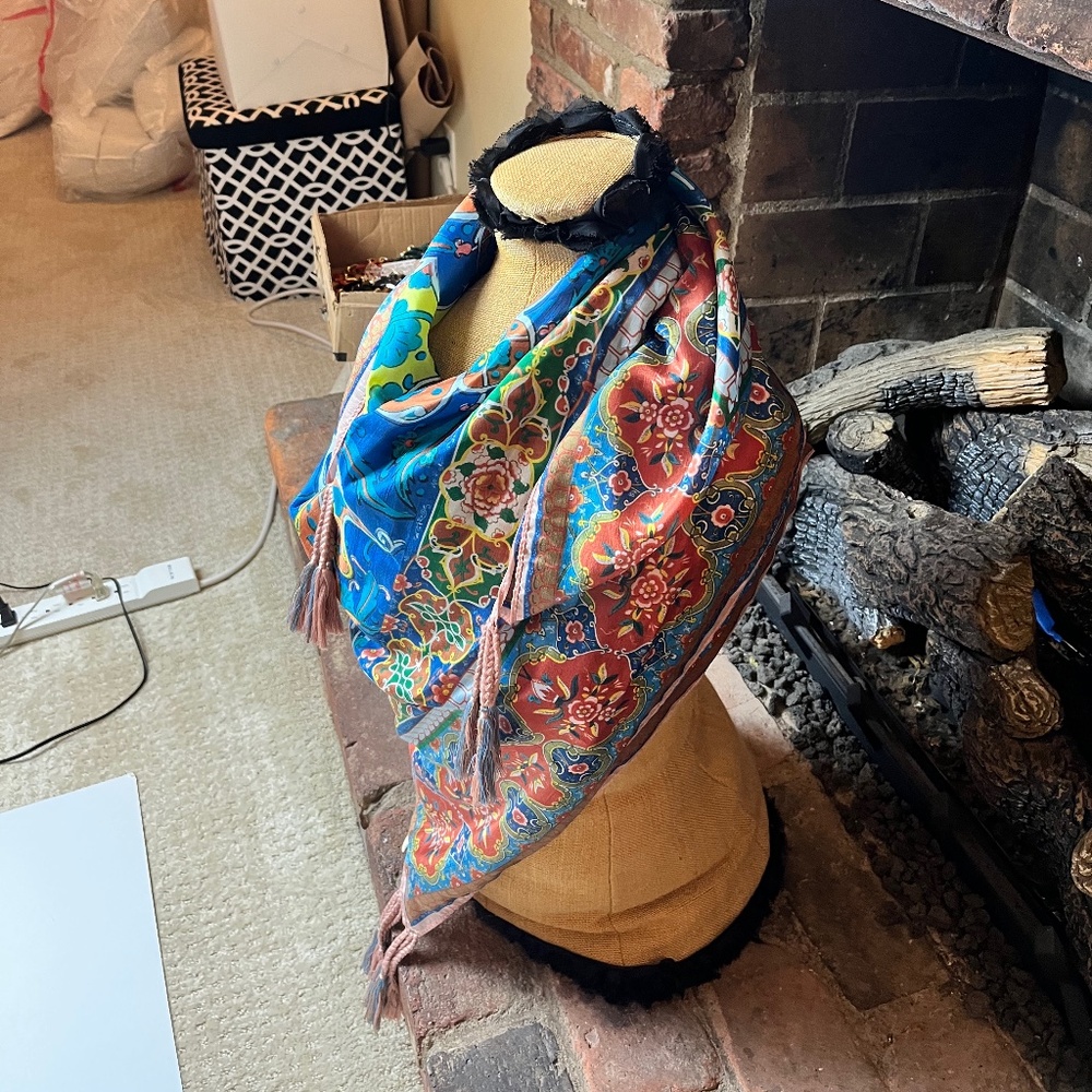 Johnny Was Multicolor Floral Paisley Blue Red Scarf Wrap